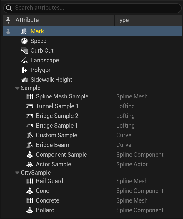 The searchable attribute tree with Pin, Attribute and Type columns