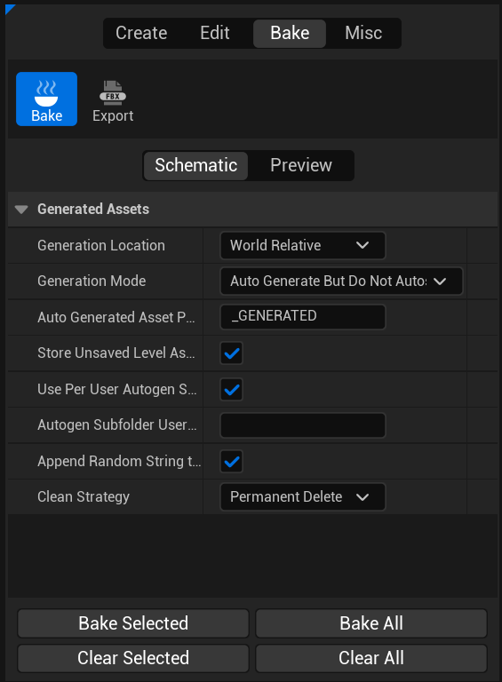 The Bake tile panel with its Bake Selected / Bake All / Clear actions and settings