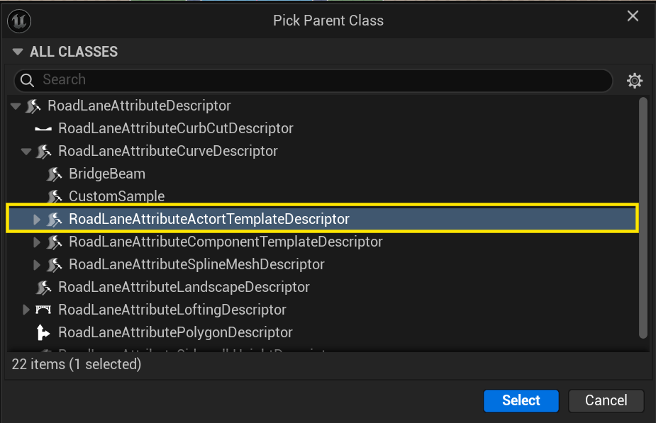 Choosing RoadLaneAttributeActortTemplateDescriptor as the parent class