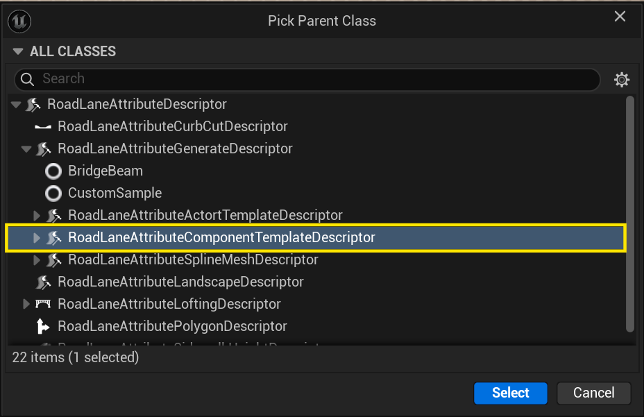 Choosing RoadLaneAttributeComponentTemplateDescriptor as the parent class