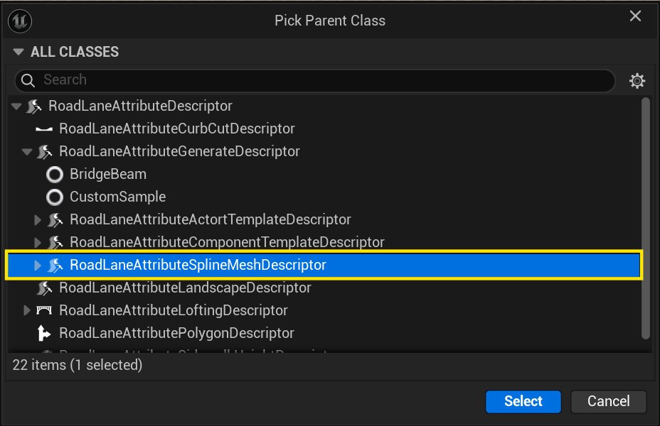 Choosing RoadLaneAttributeSplineMeshDescriptor as the parent class