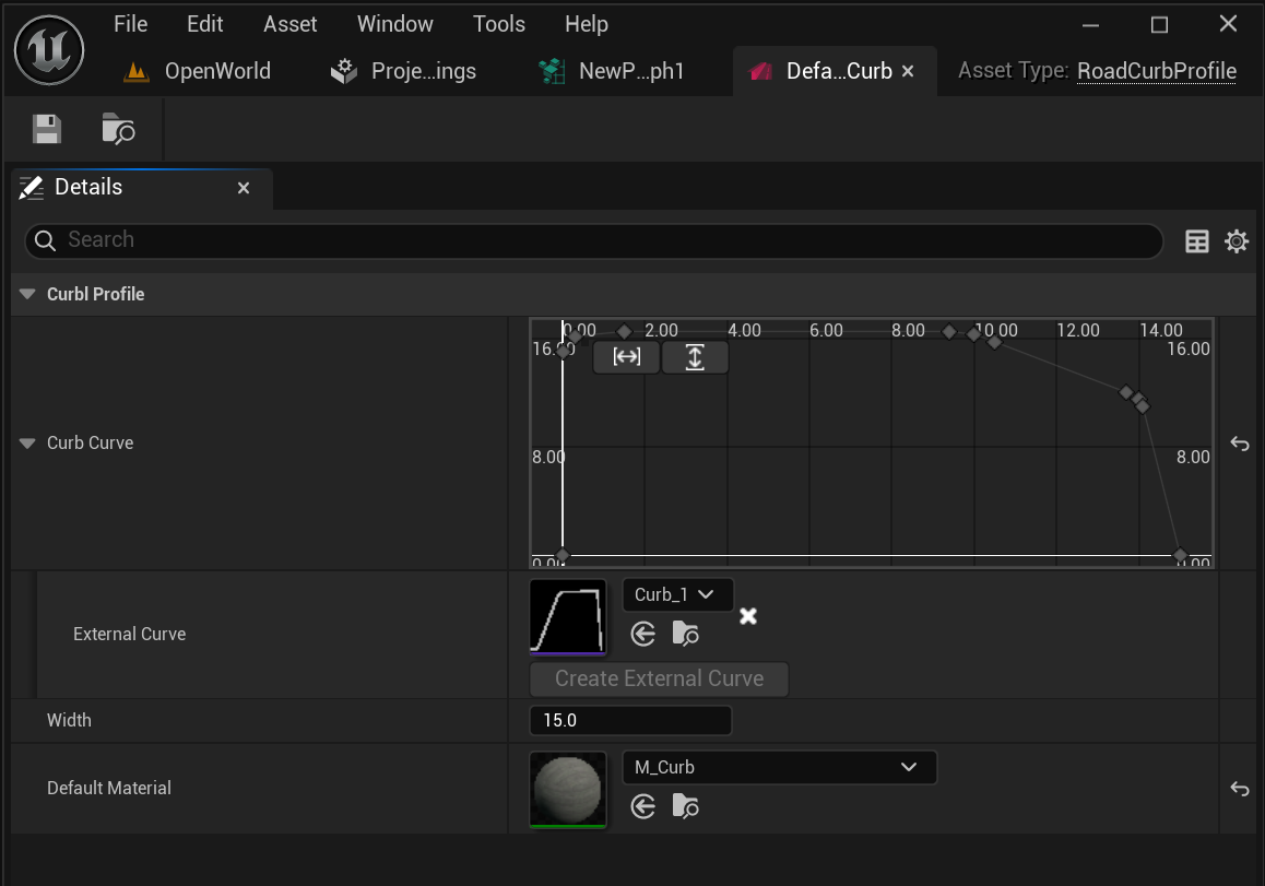 The Curb Profile properties, including the CurbCurve editor