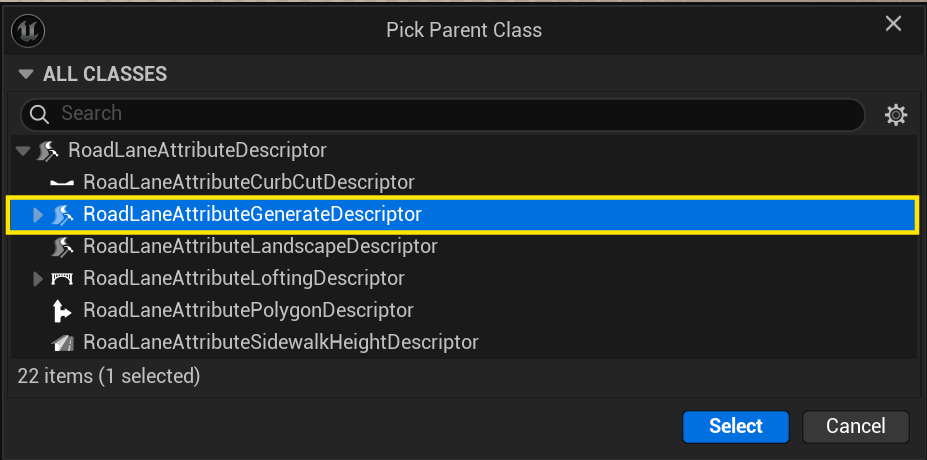 Choosing RoadLaneAttributeGenerateDescriptor as the parent class