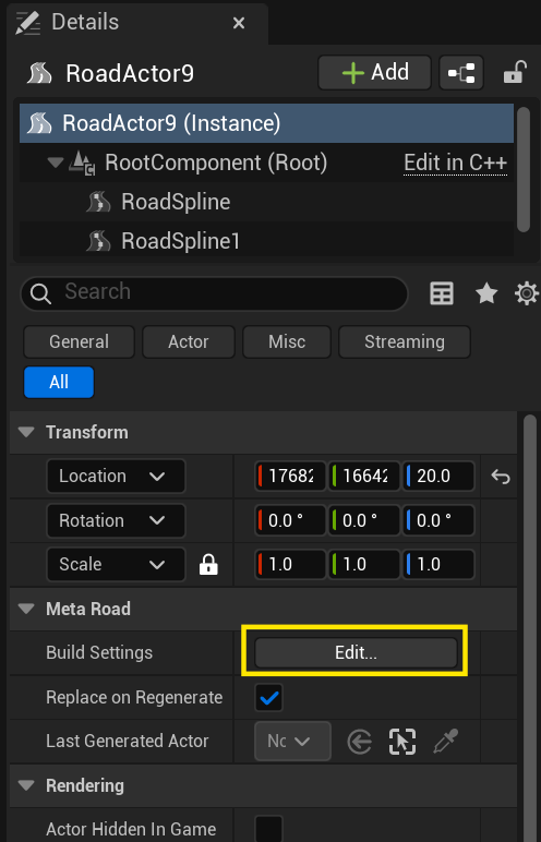 The Road Build Preset asset editor with its Settings, Display Name, and Description