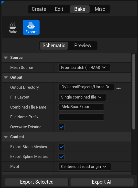 The FBX Export tile panel with its Export Selected / Export All actions and settings
