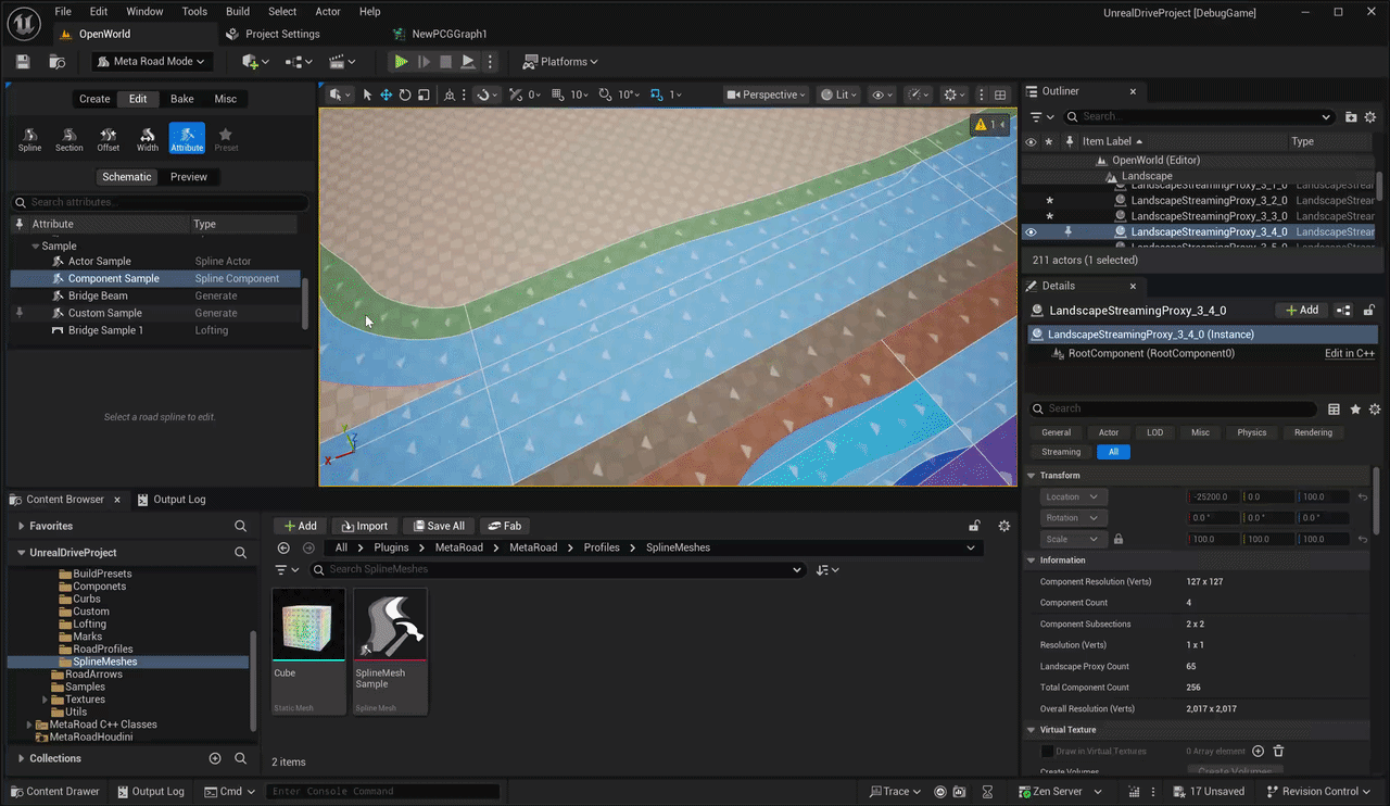 Dragging a Spline Mesh attribute profile onto a road lane