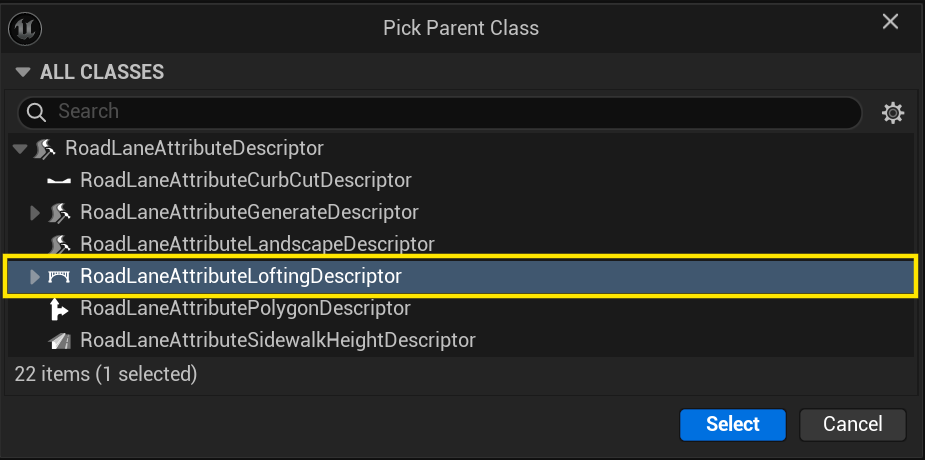 Choosing RoadLaneAttributeLoftingDescriptor as the parent class