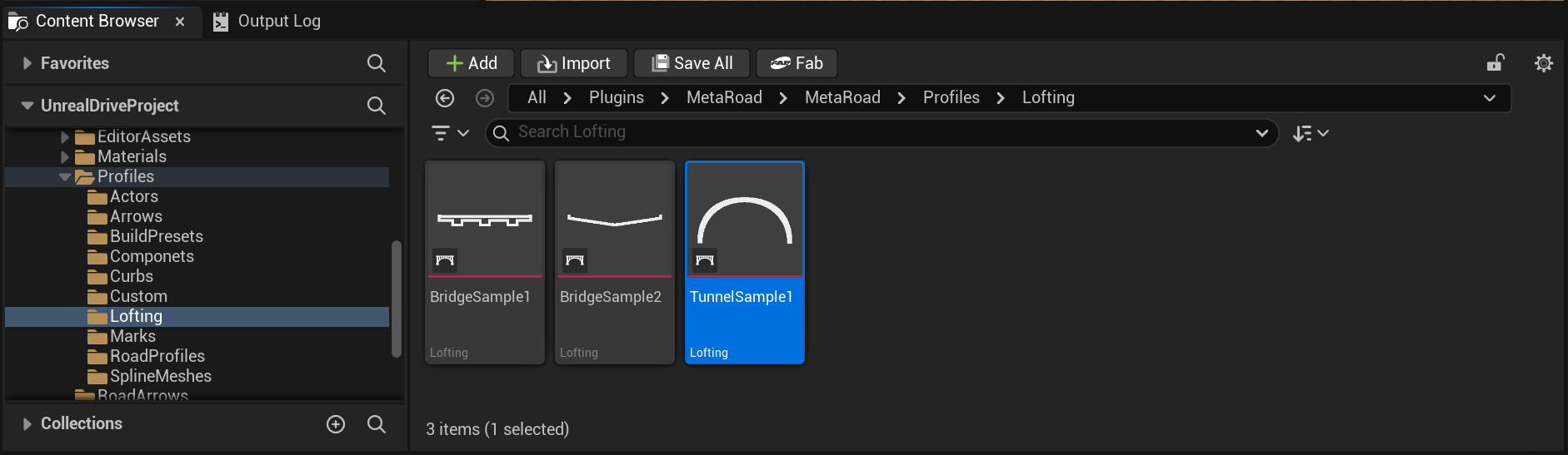 The bundled Lofting sample profiles — a tunnel and two bridge decks