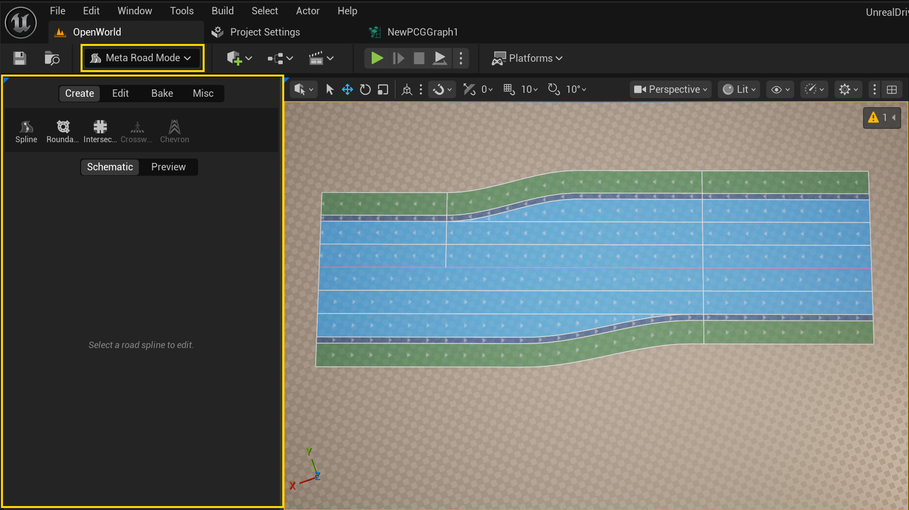 The Meta Road editor mode selected in the level-editor mode dropdown