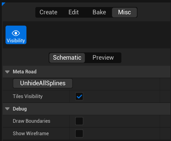 The Visibility tile panel with its editor visibility and debug-draw toggles