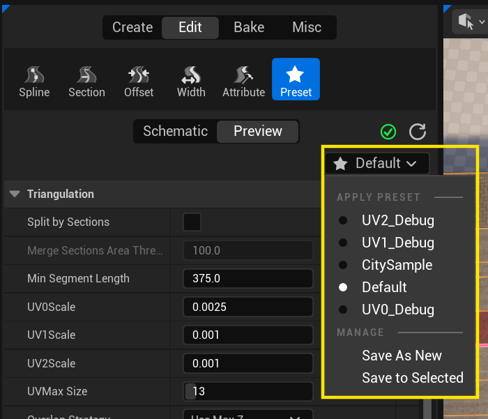 The Preset combo's Manage section — Save As New and Save to Selected