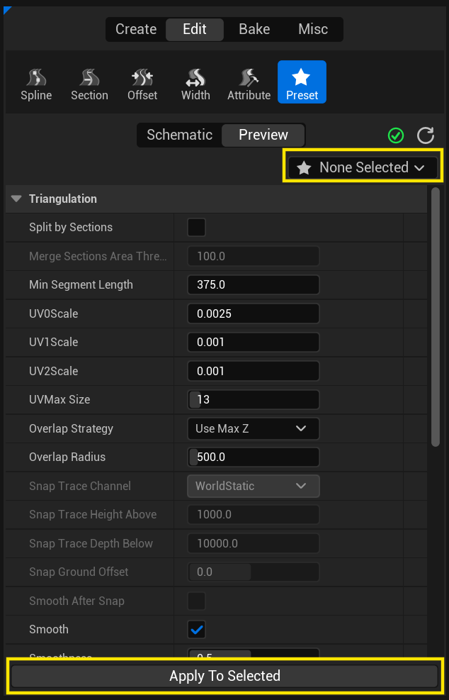 The Preset panel with the build-settings working copy