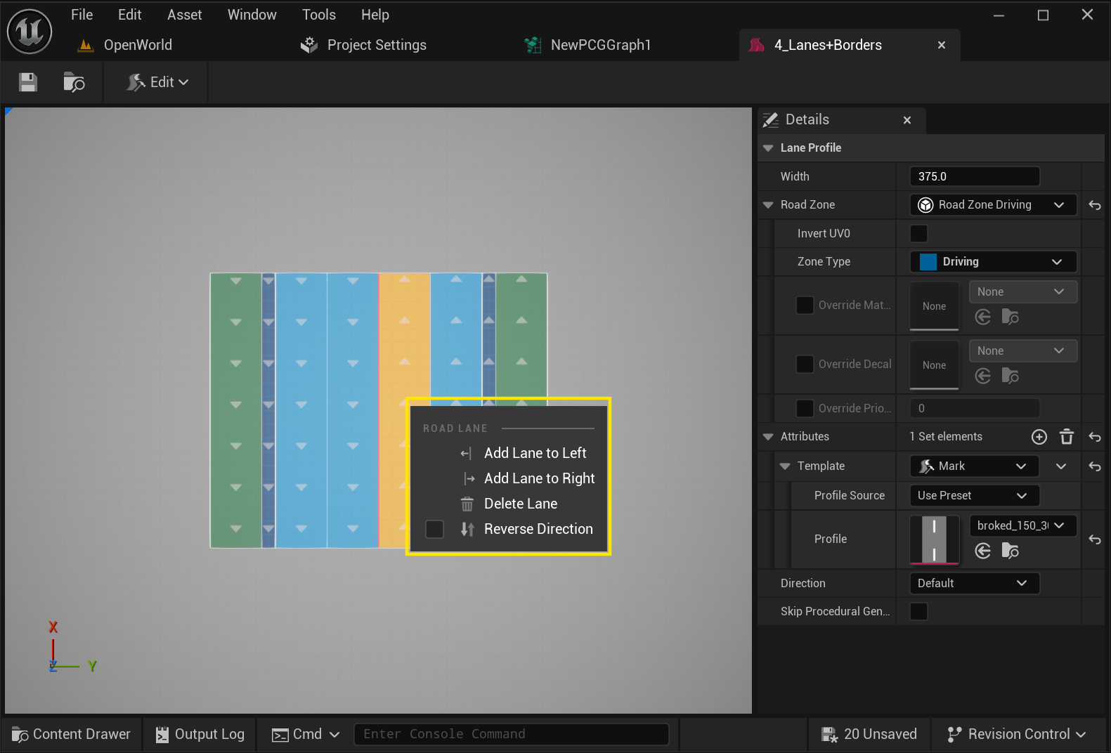 The right-click lane context menu in the Road Profile editor