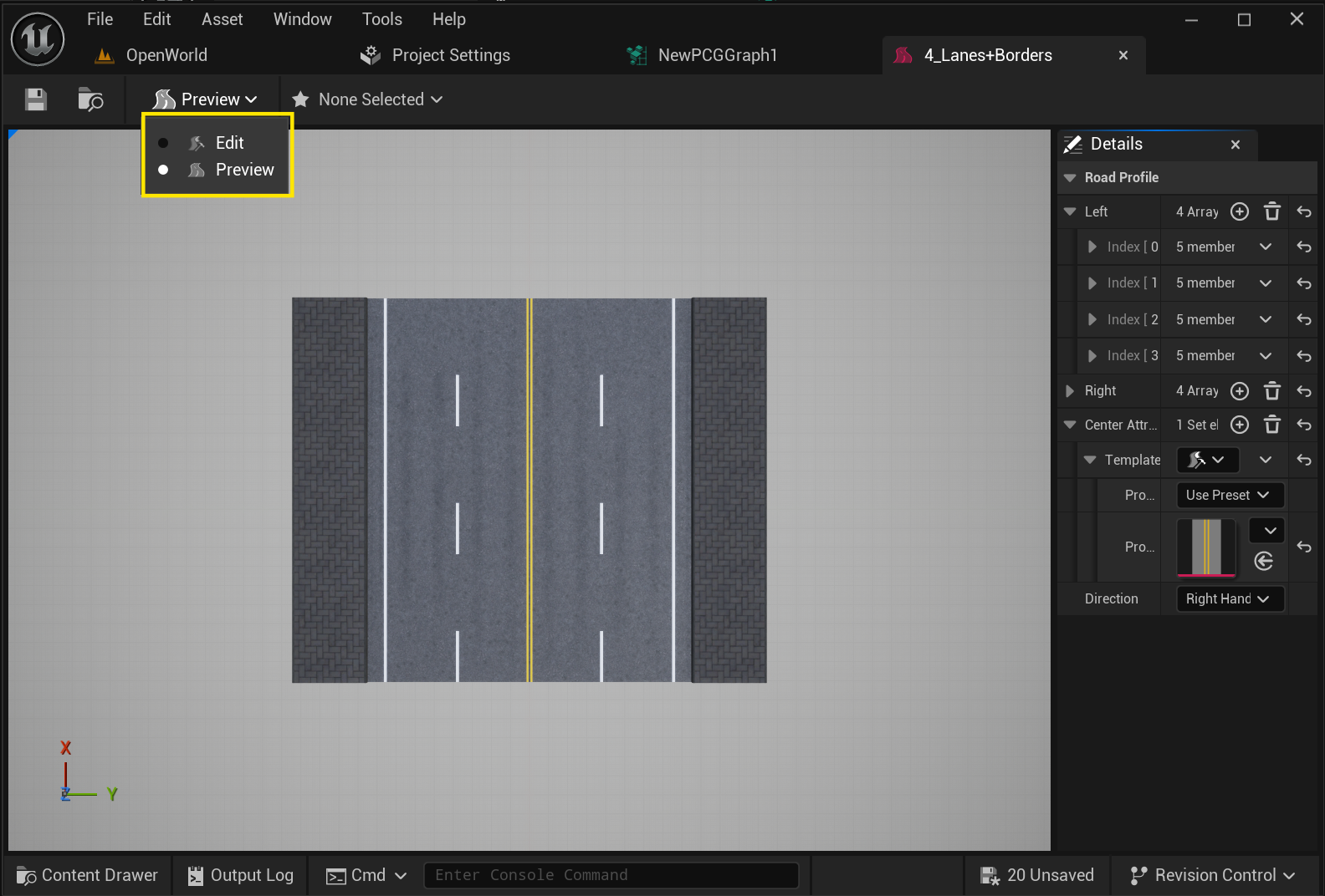 The Road Profile editor with a live 3D preview and details panel