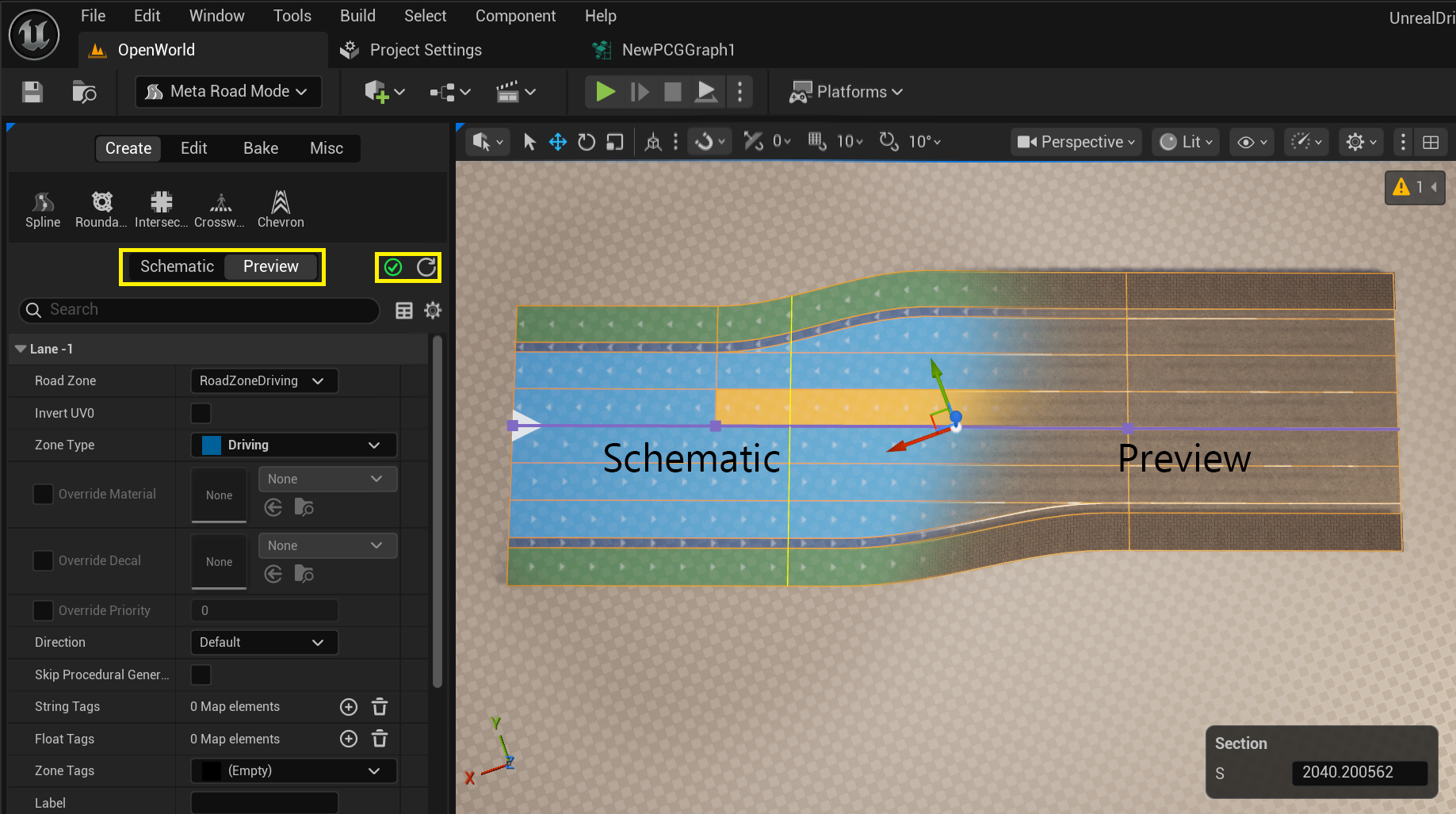 The Schematic and Preview toggle with the build-status and update buttons at the top of the mode panel