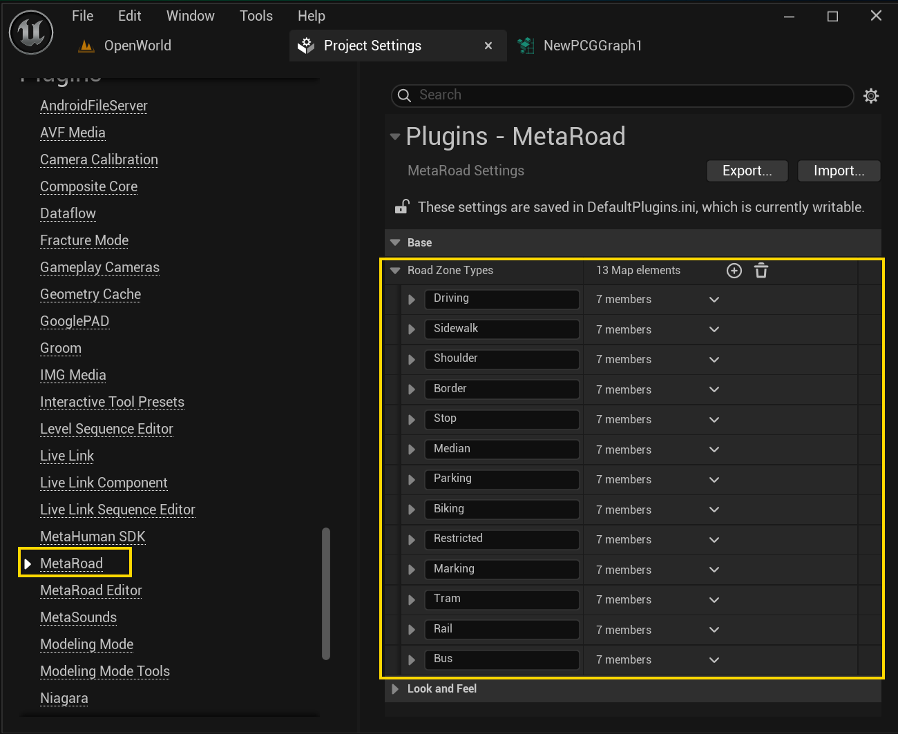 The built-in Road Zone Types listed in Project Settings